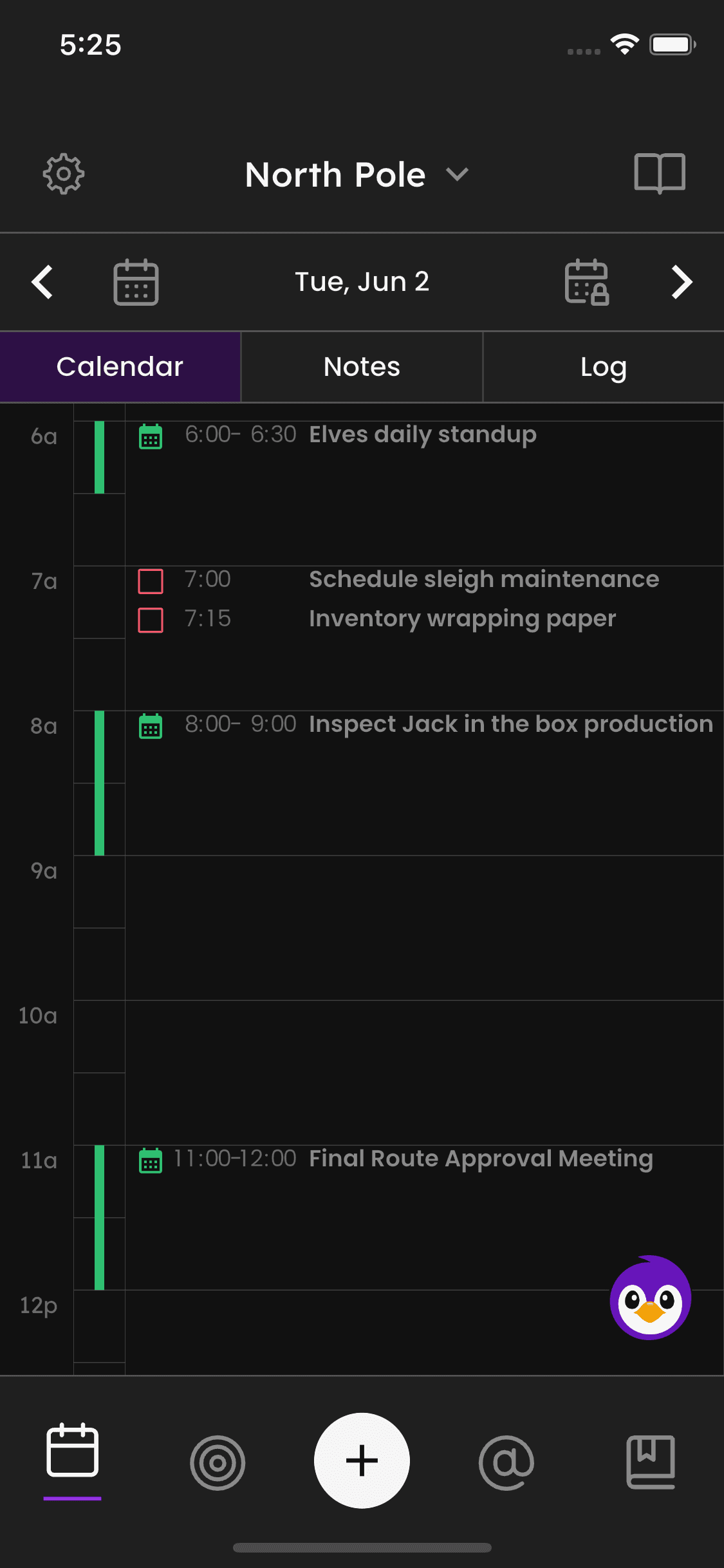 Linni calendar page showing scheduled actions and events